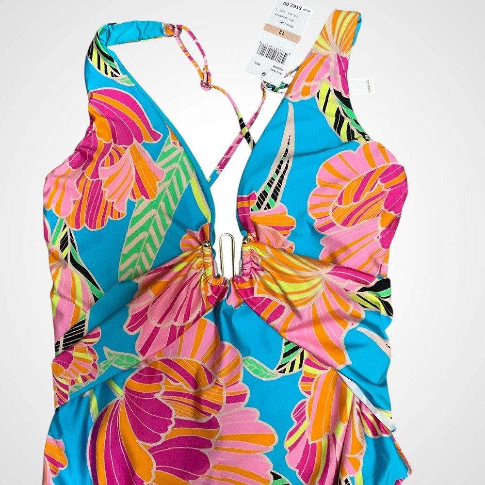 Trina Turk Poppy Belted Plunge One Piece Swimsuit Women's 12 NWT Tropical Beachy - Picture 9 of 15
